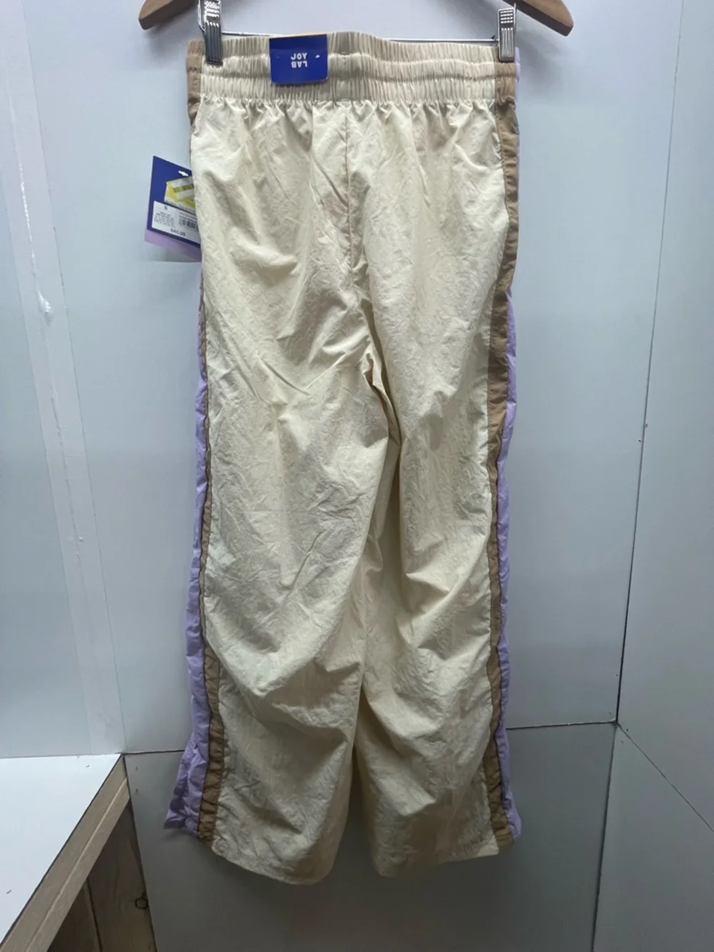 JoyLab Cream High Rise Wide Leg Track Pants with Purple & Brown Side Stripes - Picture 2 of 5